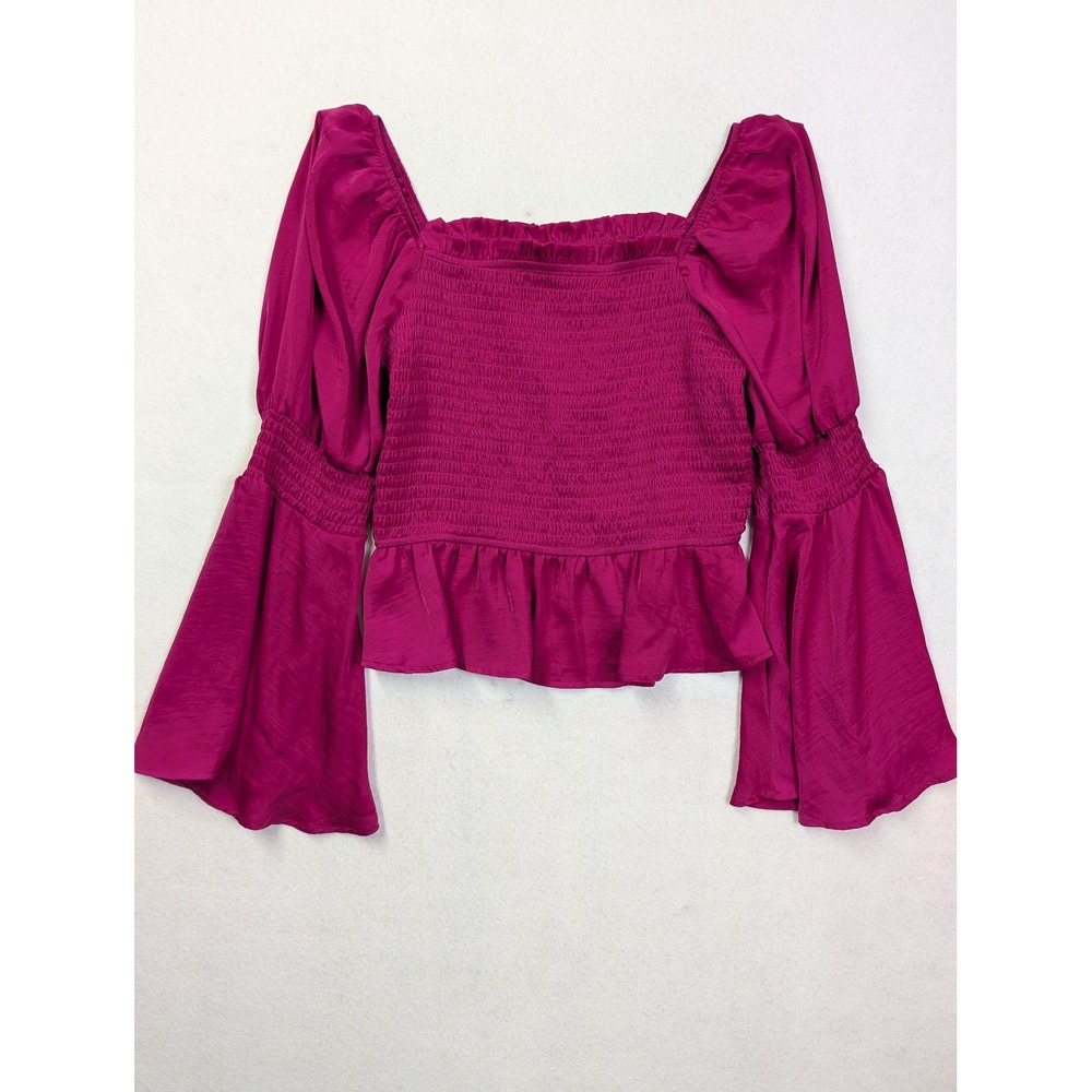 Meraki Womens Smocked Peplum Top XL Bell Sleeve Square Neck Magenta